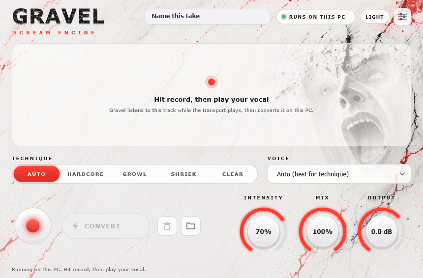Gravel plugin window: take waveform, technique and voice pickers, record, convert, and the intensity, mix and output knobs